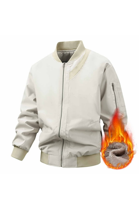 Mens Fleece Lined Jackets Long Sleeve Zip Up Baseball Coats with Pockets Casual Solid Color Thermal Warm No Hood Motorcycle Outerwear Jacket