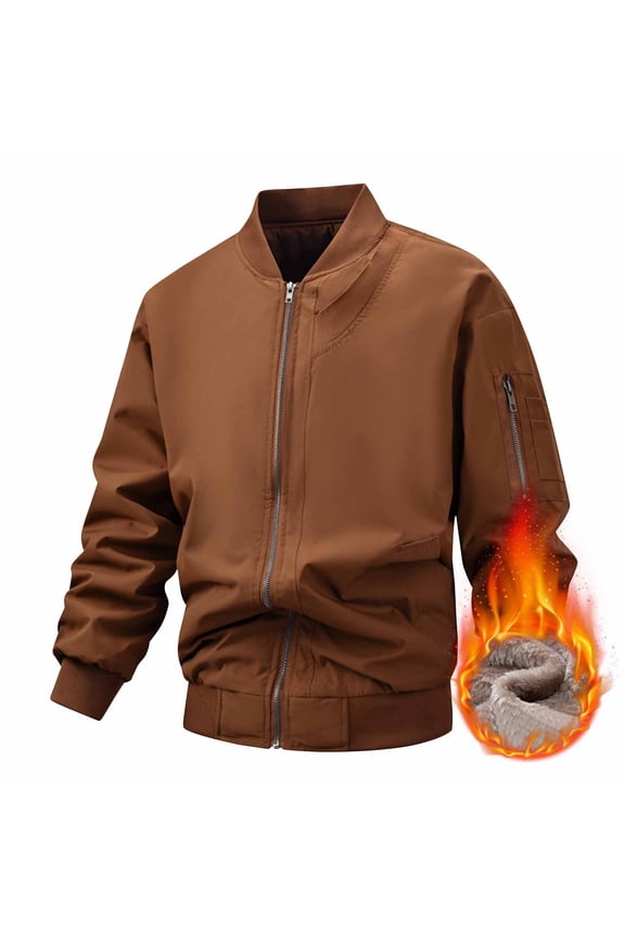 Mens Fleece Lined Jackets Long Sleeve Zip Up Baseball Coats with Pockets Casual Solid Color Thermal Warm No Hood Motorcycle Outerwear Jacket