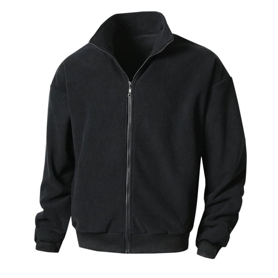 Mens Fleece Lined Jackets Slim Fitting Full Zip Cardigan Sweaters Stand Collar Casual Fuzzy Coat with Pockets Fall Winter Wear Black M