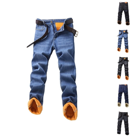 Mens Lined Jeans 2026 Fall Winter Thermal Straight Leg Business Casual Denim Pants Jean Pants Trousers with Pockets