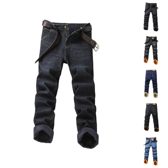 Mens Lined Jeans 2026 Fall Winter Thermal Straight Leg Business Casual Denim Pants Jean Pants Trousers with Pockets