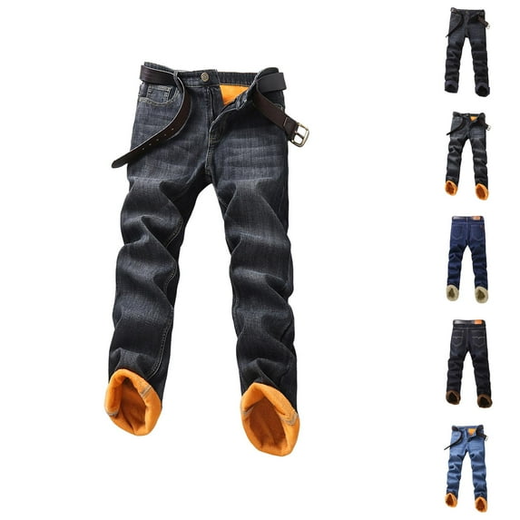 Mens Lined Jeans 2026 Fall Winter Thermal Straight Leg Business Casual Denim Pants Jean Pants Trousers with Pockets