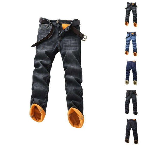 Mens Lined Jeans 2026 Fall Winter Thermal Straight Leg Business Casual Jean Pants Denim Pants with Pockets Trousers