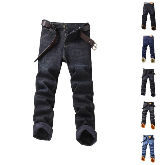 Mens Lined Jeans 2026 Fall Winter Thermal Straight Leg Business Casual Jean Pants Denim Pants Trousers with Pockets