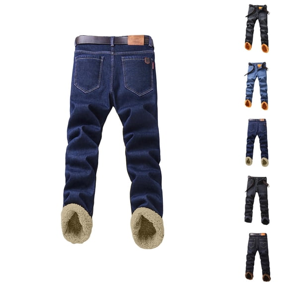 Mens Lined Jeans 2026 Fall Winter Thermal Straight Leg Business Casual Jean Pants Denim Pants with Pockets Trousers