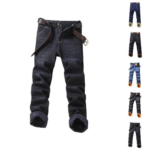 Mens Lined Jeans 2026 Fall Winter Warm Straight Leg Business Casual Denim Pants Jean Pants Trousers with Pockets