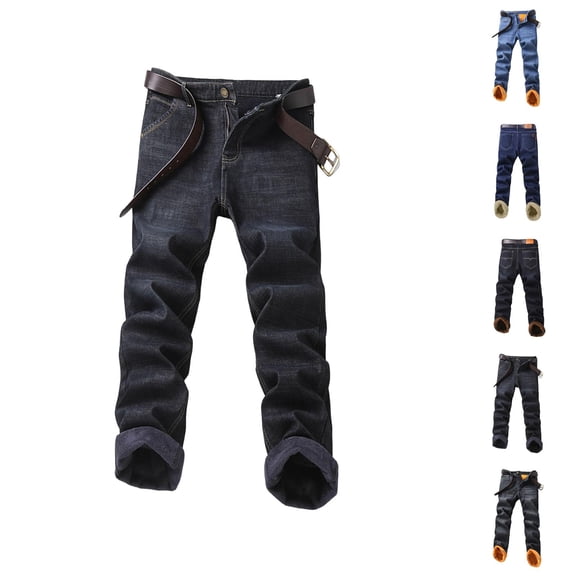 Mens Lined Jeans 2026 Fall Winter Warm Straight Leg Business Casual Denim Pants Jean Pants with Pockets Trousers
