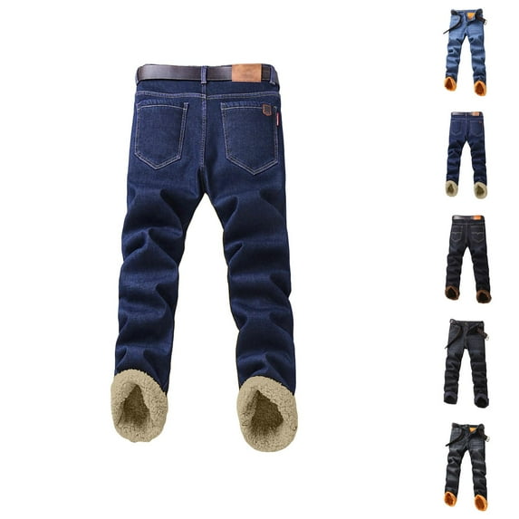 Mens Lined Jeans 2026 Fall Winter Warm Straight Leg Business Casual Denim Pants Jean Pants with Pockets Trousers