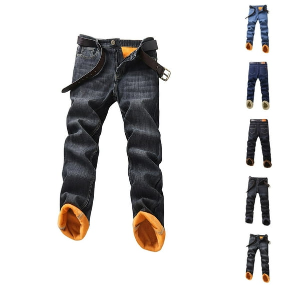 Mens Lined Jeans 2026 Fall Winter Warm Straight Leg Business Casual Denim Pants Jean Pants with Pockets Trousers