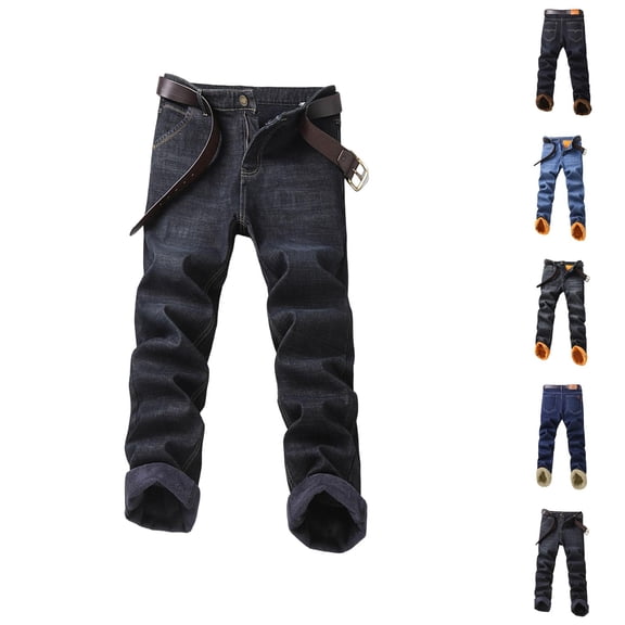 Mens Lined Jeans 2026 Fall Winter Thick Straight Leg Business Casual Jean Pants Denim Pants Trousers with Pockets