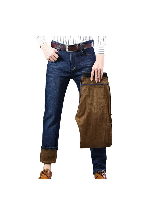 Mens Lined Jeans Straight Leg Stretch Winter Thicken Warm Denim Pants Casual Snow Trousers ZA Blue 33