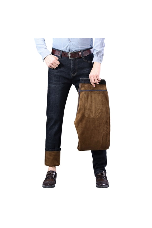 Mens Lined Jeans Straight Leg Stretch Winter Thicken Warm Denim Pants with Pockets Casual Black 36