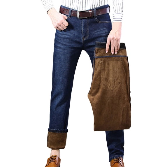 Mens Lined Jeans Straight Leg Stretch Winter Thicken Warm Denim Pants with Pockets Casual Blue 36
