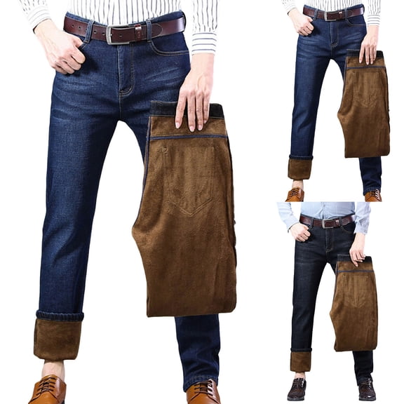 Mens Lined Jeans Straight Leg Stretch Winter Warm Denim Pants with Pockets Casual Blue 33