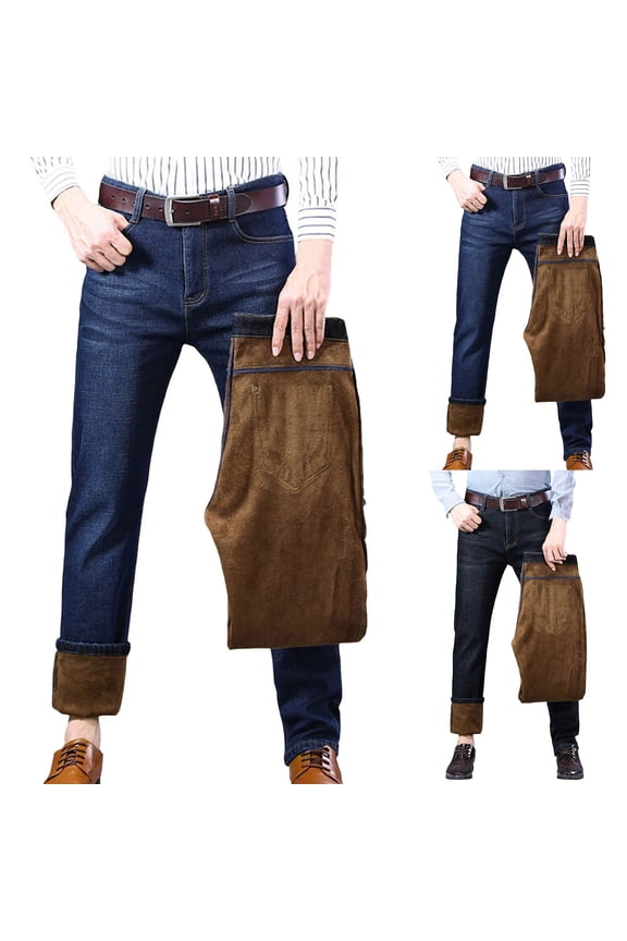 Mens Lined Jeans Straight Leg Stretch Winter Warm Denim Pants with Pockets Casual Blue 34