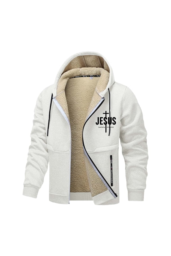 Mens Fleece Lined Jesus Hoodies Christian Cross Zip Up Thick Heavyweight Jackets Winter Warm Blue S