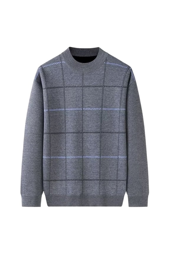 Mens Fleece Lined Sweaters Chunky Knitted Long Sleeve Crewneck Sweatshirts Casual Pullover Plaid Printed Stretchy Slim Basic Thermal Warm Sweater