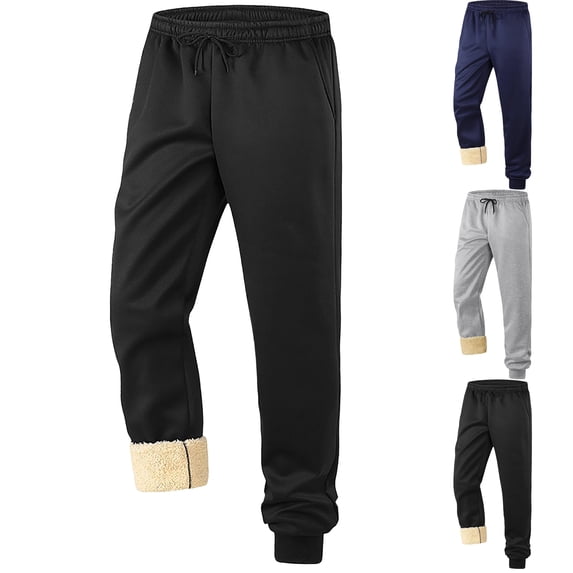 Mens Fleece Lined Sweatpants Drawstring Elastic Waist Jogger Pants Winter Warm Long Pants