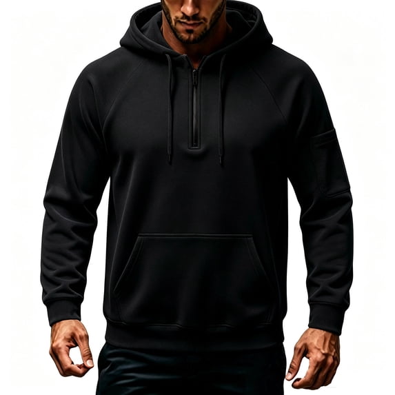 Mens Fleece Lined Sweatshirts Quarter Zip Drawstring Hoodie Fashion Casual Fall Sweatshirt Black M