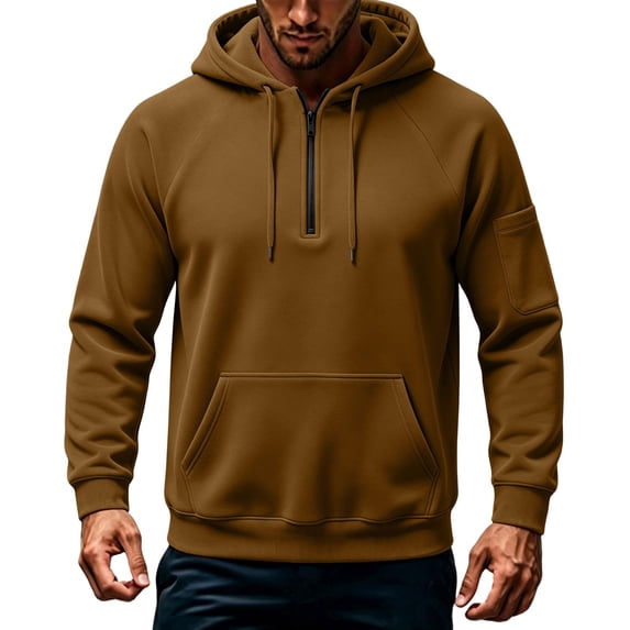 Mens Fleece Lined Sweatshirts Quarter Zip Drawstring Hoodie Fashion Casual Fall Sweatshirt Coffee L