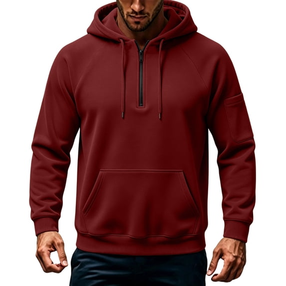 Mens Fleece Lined Sweatshirts Quarter Zip Drawstring Hoodie Fashion Casual Fall Sweatshirt Wine M