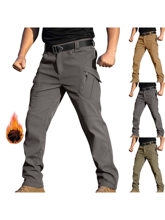 Mens Fleece Lined Tactical Pants Stretch Winter Work Pants Straight Leg Tactical Softshell Fleece Lined Cargo Pants Waterproof Outdoor Athletic Hiking Pants Insulated Warm Snow Ski Pants with Pockets