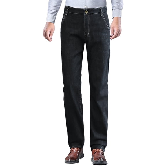 Mens Lined Thicken Warm Jeans Straight Leg Stretch Fall Winter Thermal Denim Pants Black 30