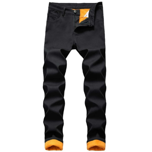 Mens Lined Jeans Straight Leg Stretch Thicken Warm Thermal Denim Pants Fall Winter Black 40