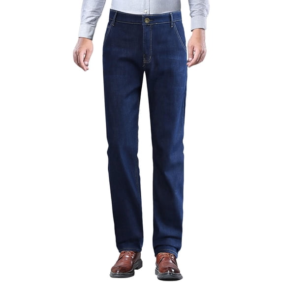 Mens Lined Thicken Warm Jeans Straight Leg Stretch Fall Winter Thermal Denim Pants Blue 40