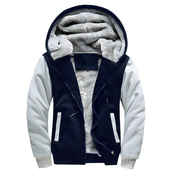 Mens Fleece Lined Zip Up Sweatshirt Winter Color Block Jacket with Drawstring Hood Pockets Ribbed Cuff Windproof Outwear