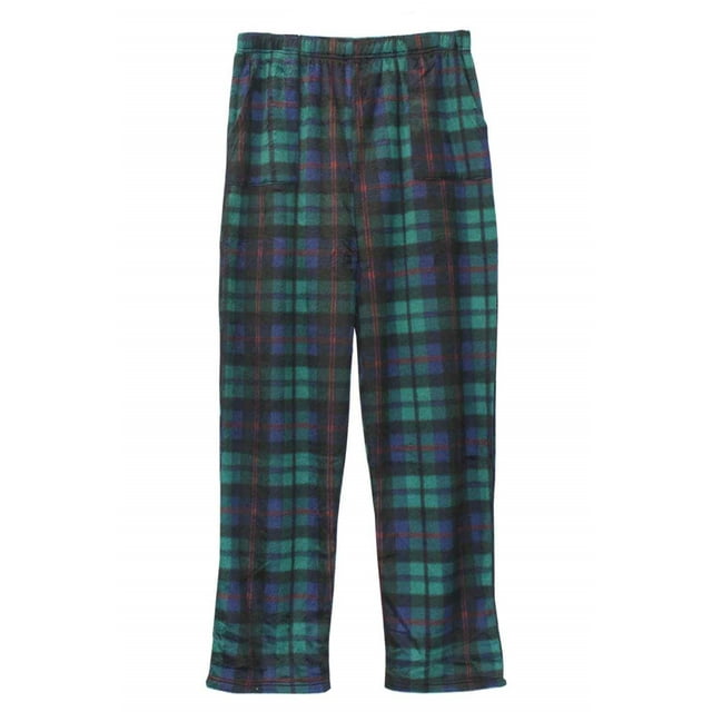 Mens Fleece PJ Pajama Pants, Green Blue Plaid, Size XL