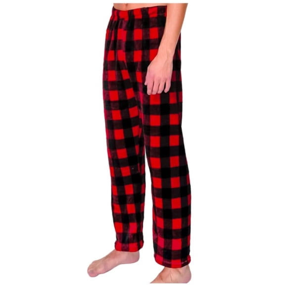 Mens Fleece PJ Pajama Pants, Plaid Red / Black, Size M