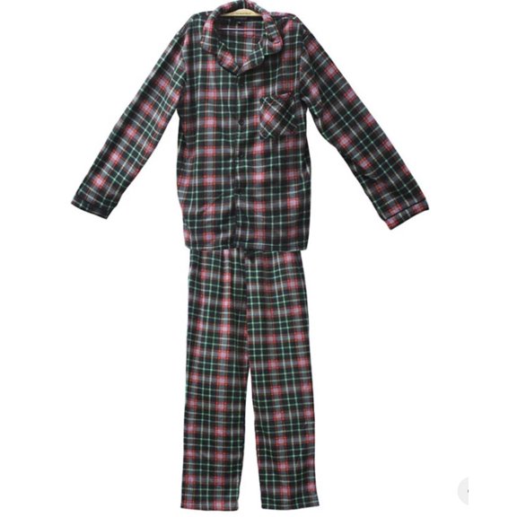 COUVER Men’s Fleece Pajama Set with Button-Down Top and Drawstring Pants Plaid Black Green Size S