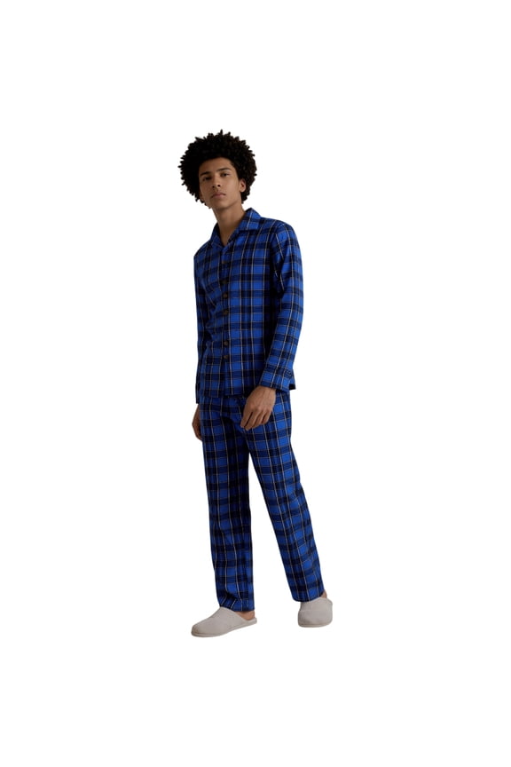 Men’s Fleece Pajama Set with Button-Down Top and Drawstring Pants Plaid Blue Black Gray Size M