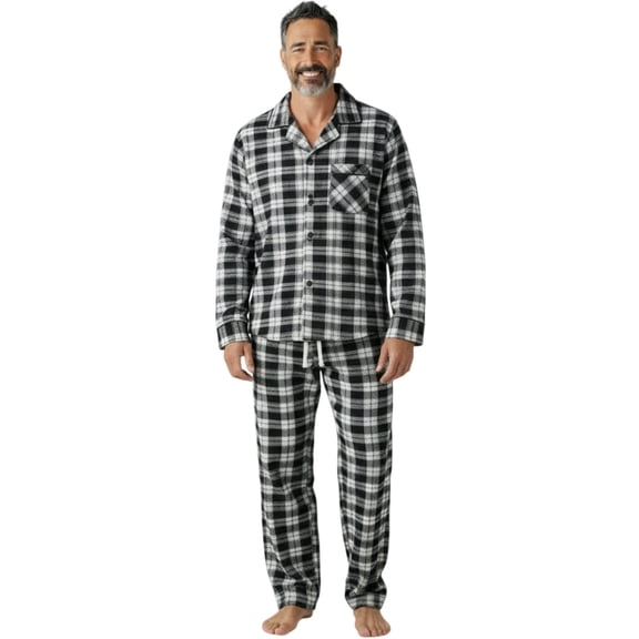 COUVER Men’s Fleece Pajama Set with Button-Down Top and Drawstring Pants Plaid Charcoal White Size M
