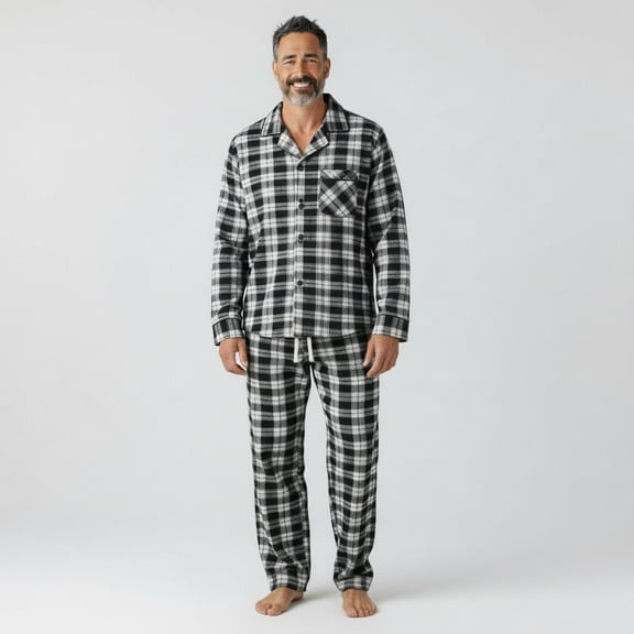 COUVER Men’s Fleece Pajama Set with Button-Down Top and Drawstring Pants Plaid Charcoal White Size XL