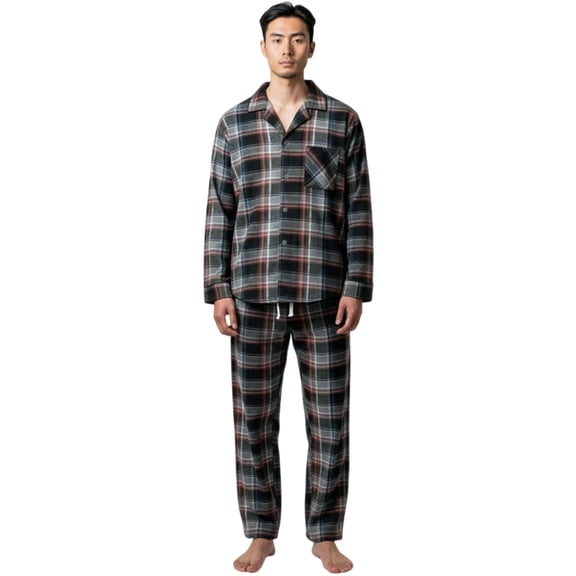 COUVER Men’s Fleece Pajama Set with Button-Down Top and Drawstring Pants Plaid Red Black Size M