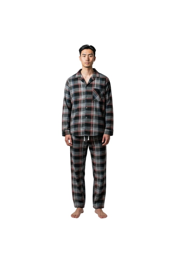 Men’s Fleece Pajama Set with Button-Down Top and Drawstring Pants Plaid Red Black Size M