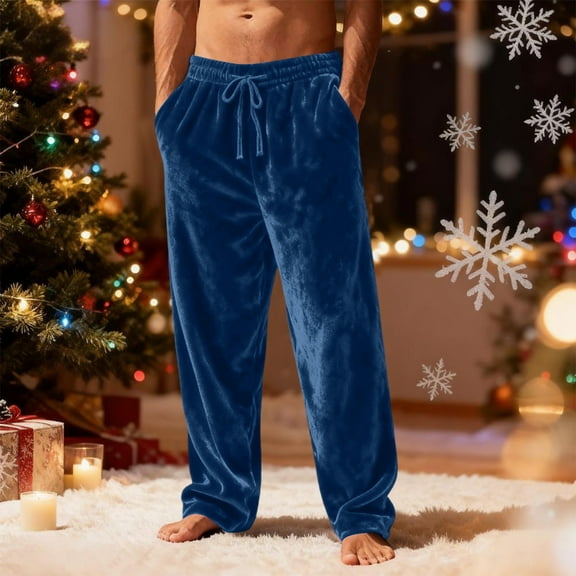 Dwelliawo Mens Fleece Pajama Pants Plush Warm Fleece Fuzzy Pants Fluffy Straight Leg Cozy Pj Bottoms Drawstring Fall Winter Pajama Blue L