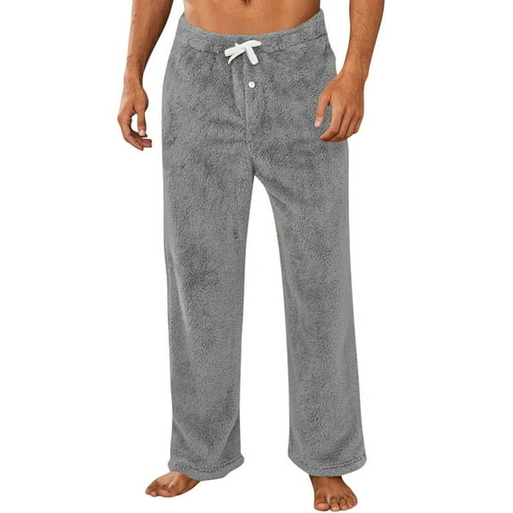 Mens Fleece Pajama Pants Soft Fuzzy Plush Lounge Bottoms Elastic Waist Button Fly Warm Cozy Sleep PJ Trousers with Pockets