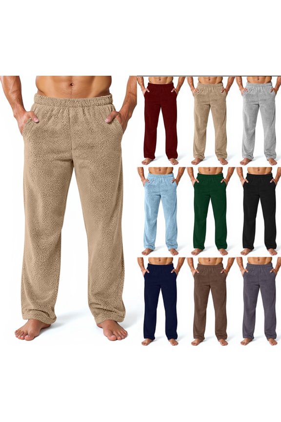 Mens Fleece Pajama Pants, Winter Warm Fuzzy Lounge Bottoms Long Soft Plush Fluffy Pj Pants with Pockets,Khaki XL