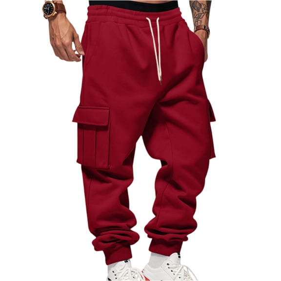 Mens Fleece Pants with Drawstring Waistband Elastic Cuffs and Mens Baggy Sweatpants Multiple Pockets for Comfort Cargo Pants Red S