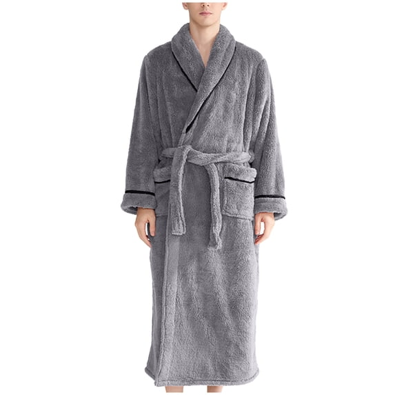 Mens Fleece Robe Shawl Collar Bathrobe Lightweight Long Bath Soft Long Towel Robe Plush Collar Shawl Bathrobe Adjusting Belt Bath Robe Loungewear