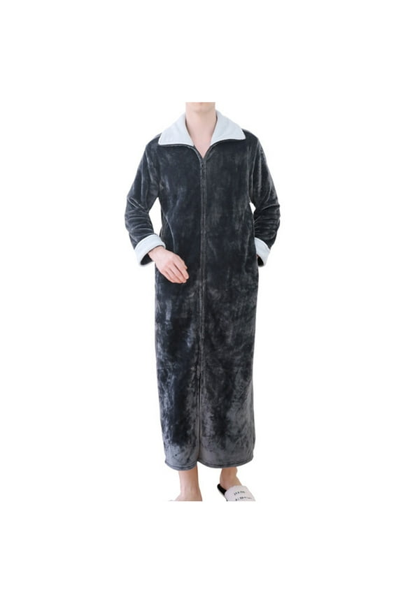Mens Fleece Robe Zipper Solid Color Soft Quick Drying Water Absorbent Plush Robe for Men Winter Warm Fluffy Bathrobe