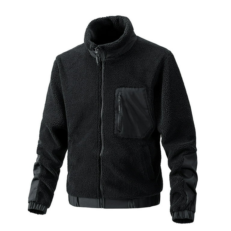 Mens Fleece Sherpa Jacket Solid Stand Collar Long sleeve Full Zip Fuzzy Coat Fall Winter Thermal Soft Outerwear Walmart