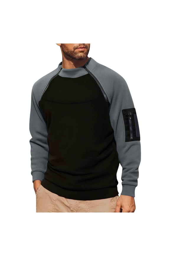 Mens Fleece Sweater Tops for Outdoors Hiking Camping Warm Colorblock Long Sleeve Mock Neck Tops with Zippers (XL, Dark Gray)