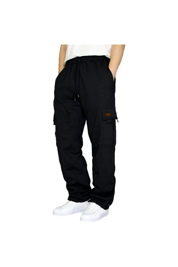 Mens Fleece Sweatpants Black Cargo Sweatpants for Men Fleece Pants Pockets 2025 Elastic Waist Drawstring Sweat Pants Solid Athletic Joggers Trouser
