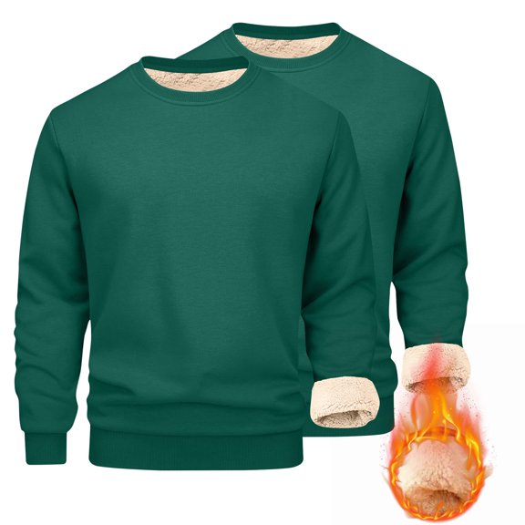 Mens Fleece Sweatshirts 2 Pack Crew Neck Sherpa Lined Sweatshirts Winter Warm Pullover Sweater Thicked Thermal Tops Soft Comfy Long Sleeve Sweatshirt Plain Casual Fuzzy Sweatshirt