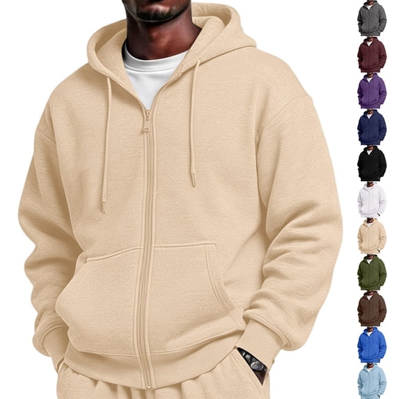 Mens Fleece Sweatshirts Hooded Long Sleeve Zip Top Oversized Ribbed Mens Soft Fit Winter Outerwear