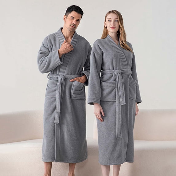 Mens Fleece Thermal Long Bathrobe Velvet Knit Spa Robe Ultra Soft Textured Long Sleeve Sleepwear Nightgown Lounge Warm Plush Soft Shawl Kimono with Pockets